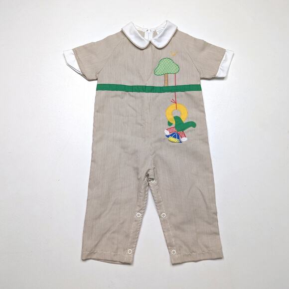 Vintage Thomas Outfit Baby Boys Size 12m Taupe Pin Stripe Swing Jumpsuit - Picture 1 of 4